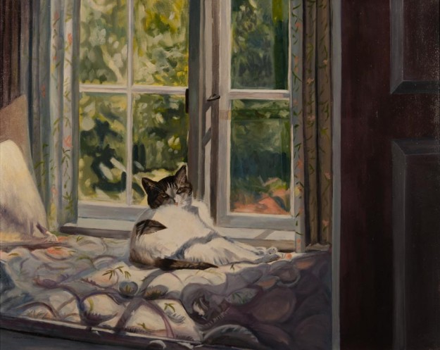 Painting of cat seating on the side of the window