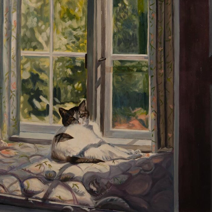 Painting of cat seating on the side of the window