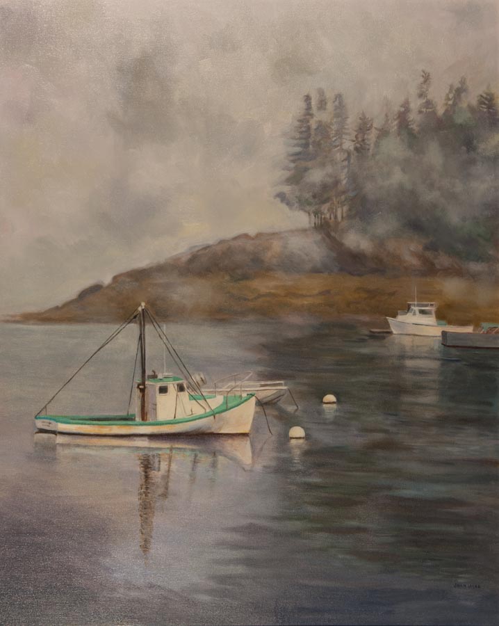 oil painting of a yacht by Joan Losee
