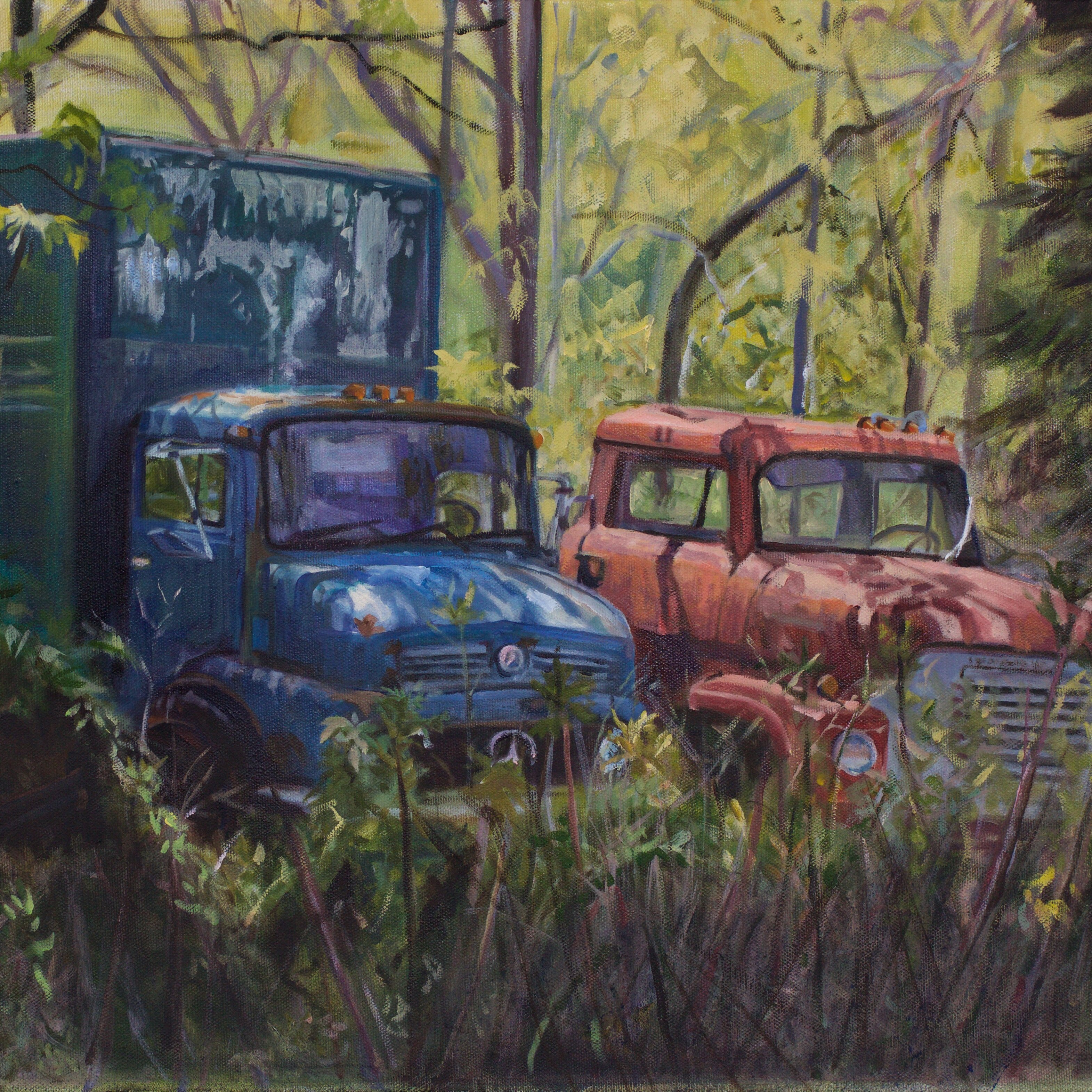 Oil painting of a truck and a car