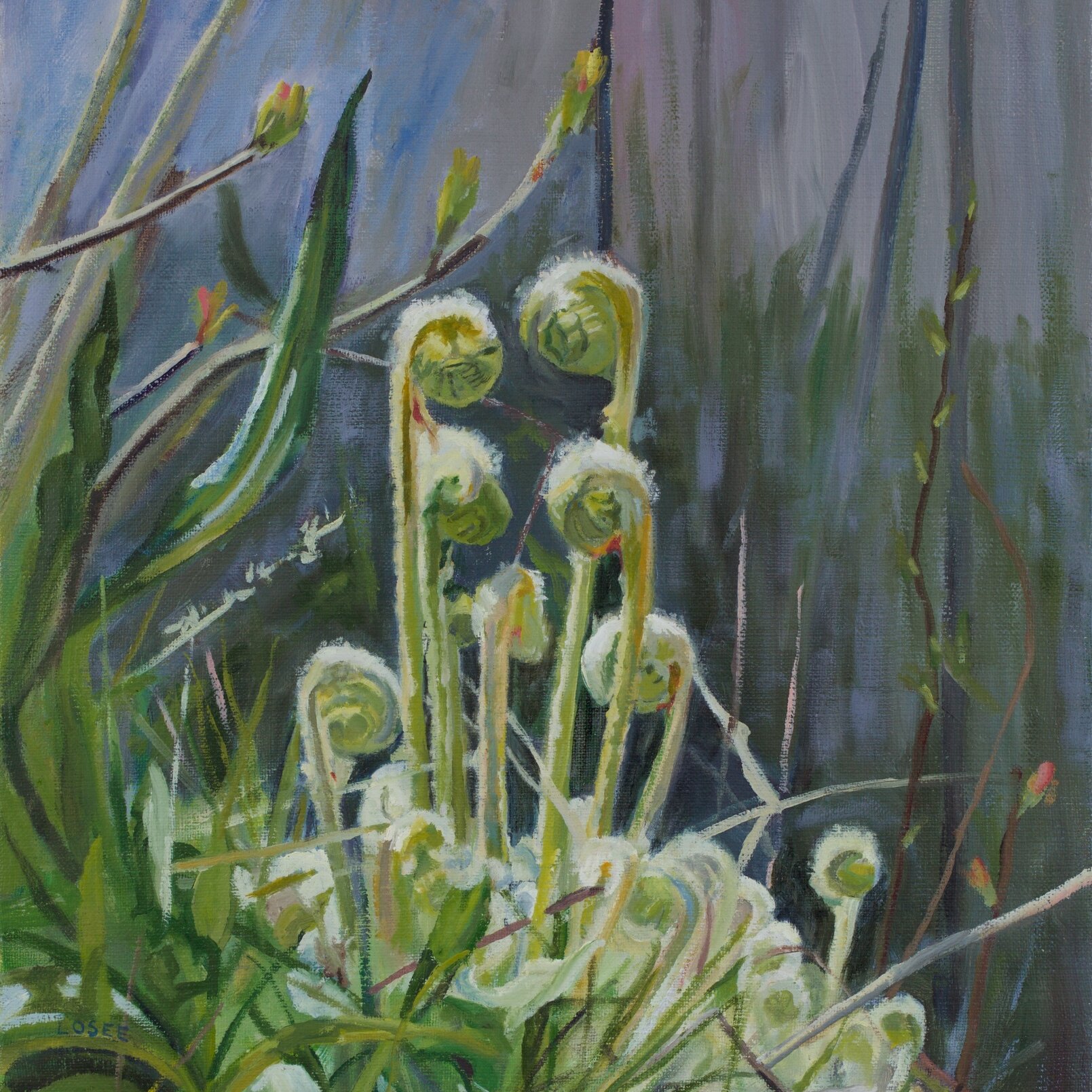 Oil painting of grass and flowers