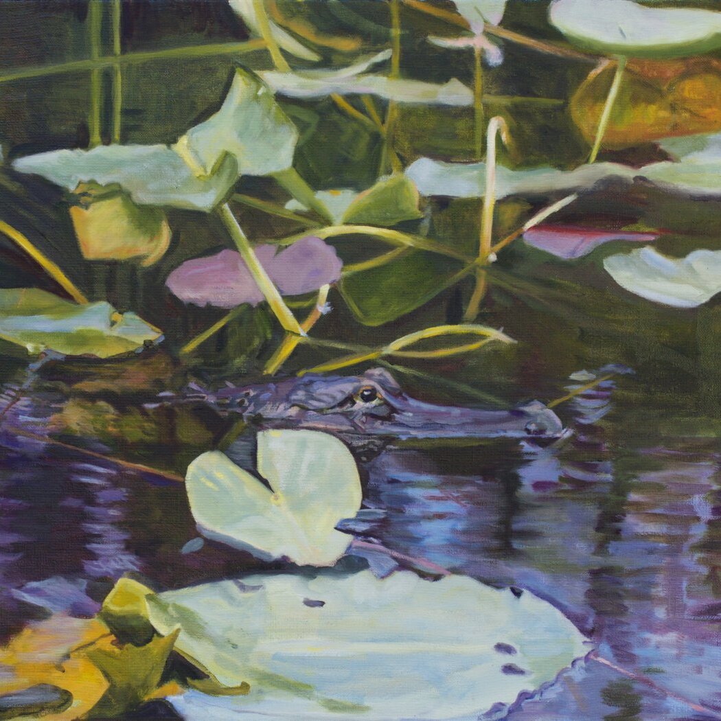 Oil painting of lotus leaf and crocodile