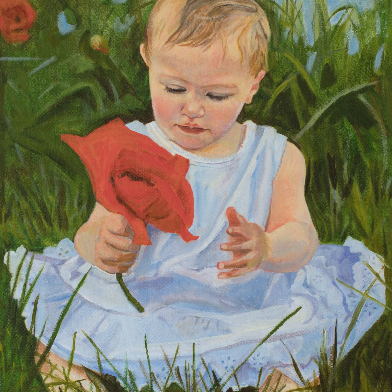 Painting of a baby girl playing with the flower