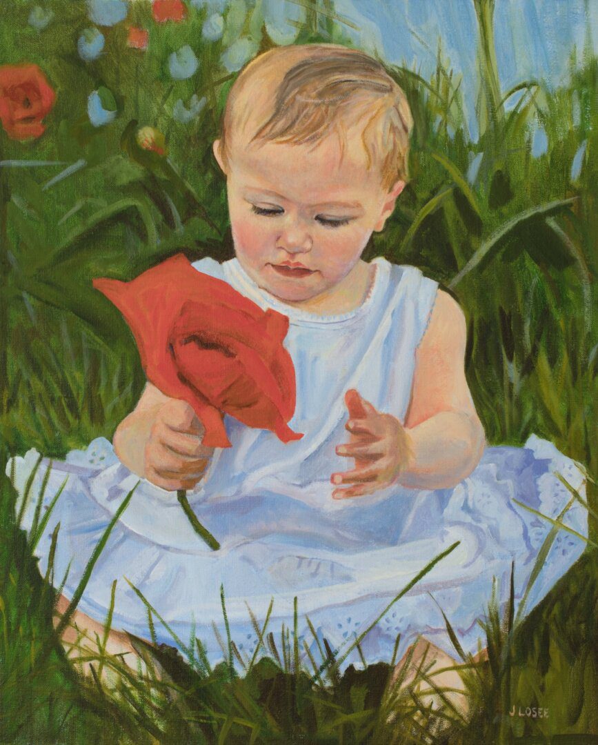 Painting of a baby girl playing with the flower