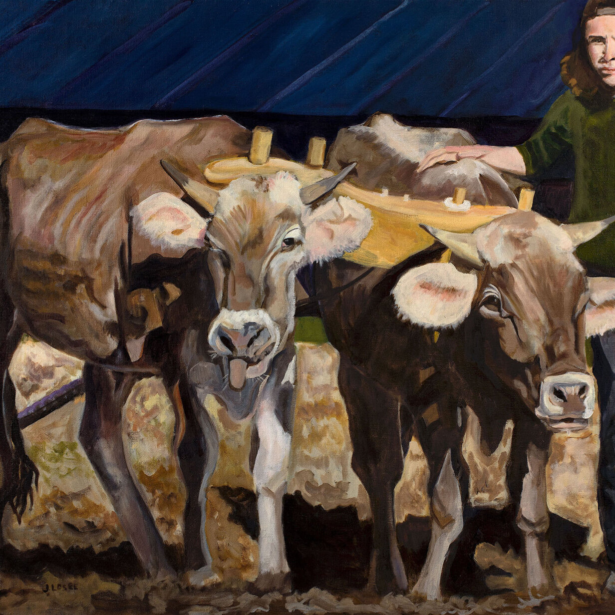 An oil on canvas painting of two cows and a man