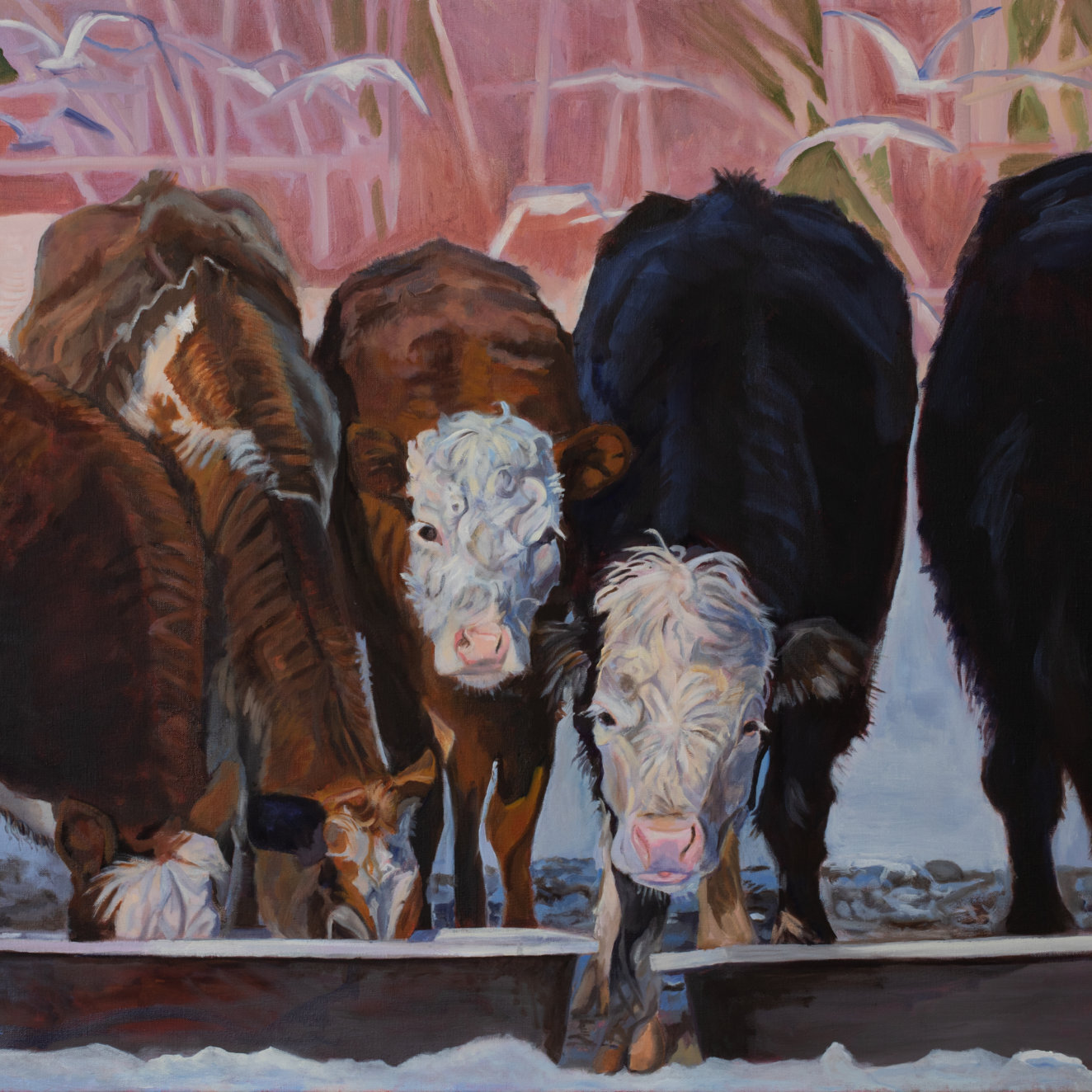 Beautiful oil painting of cows eating food