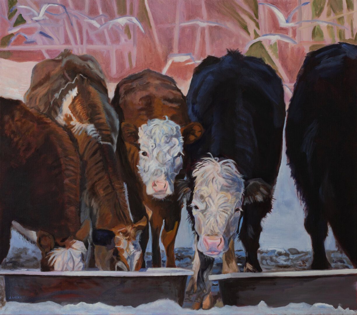Beautiful oil painting of cows eating food