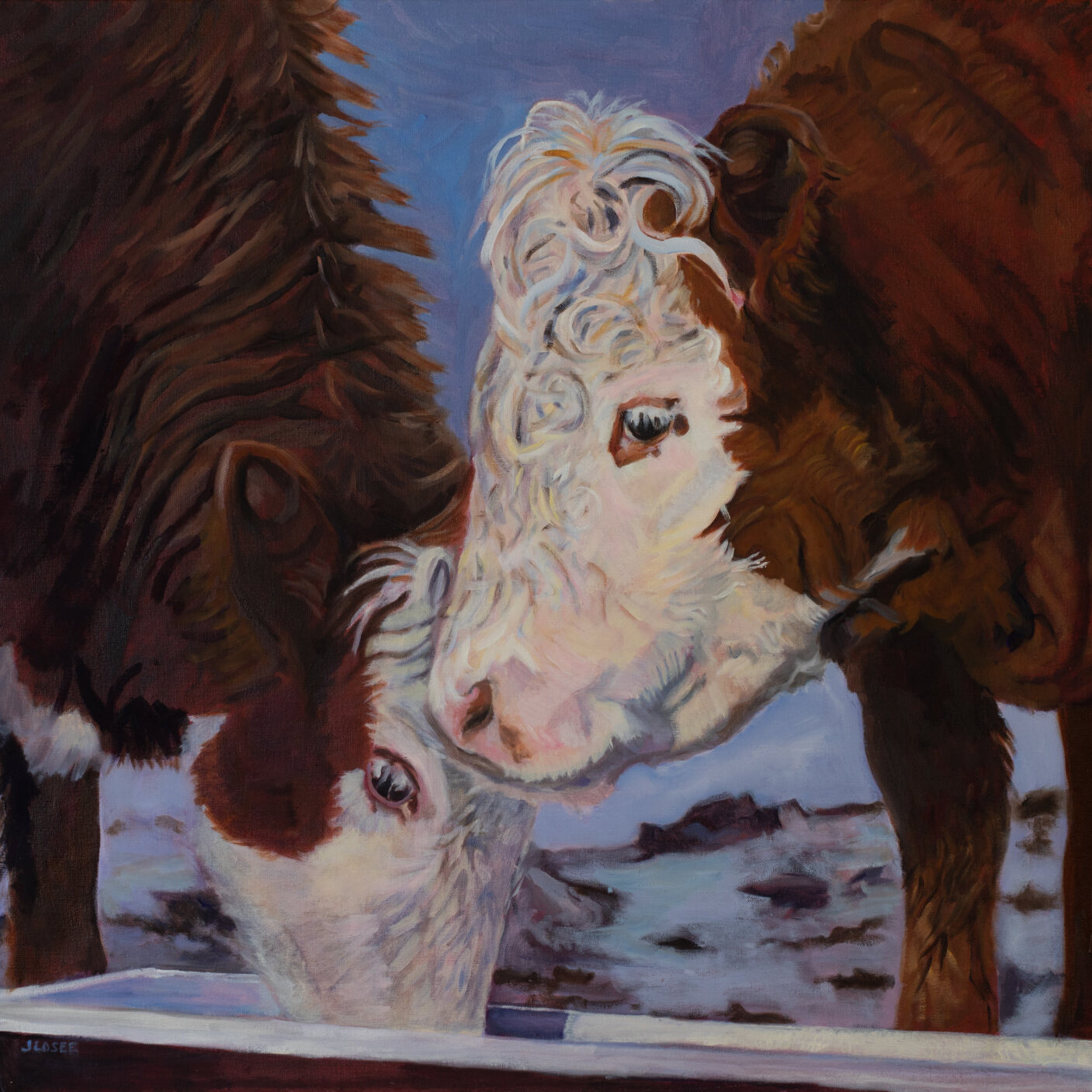 beautiful oil painting of two cows