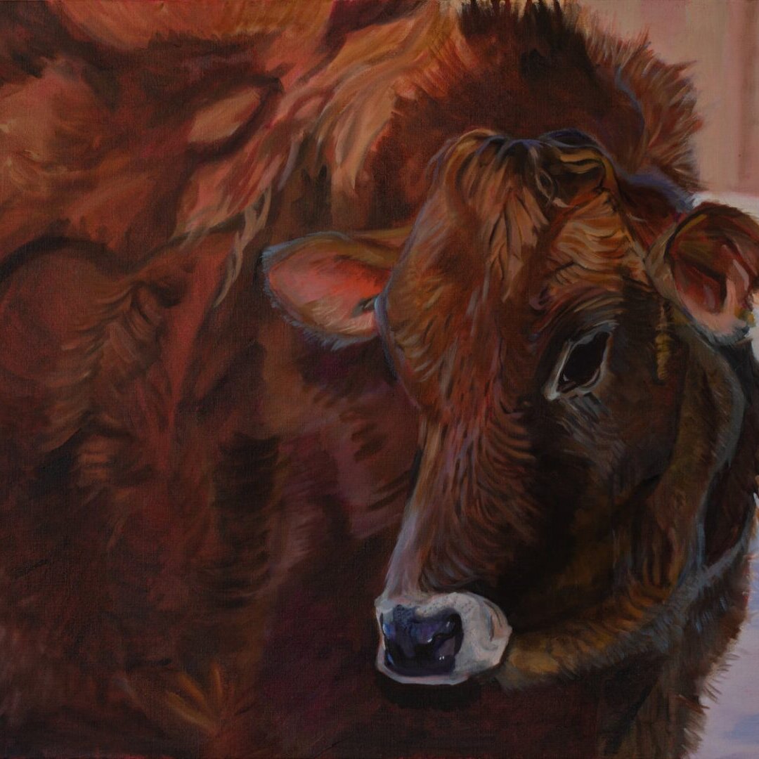 oil painting of a beautiful brown cow