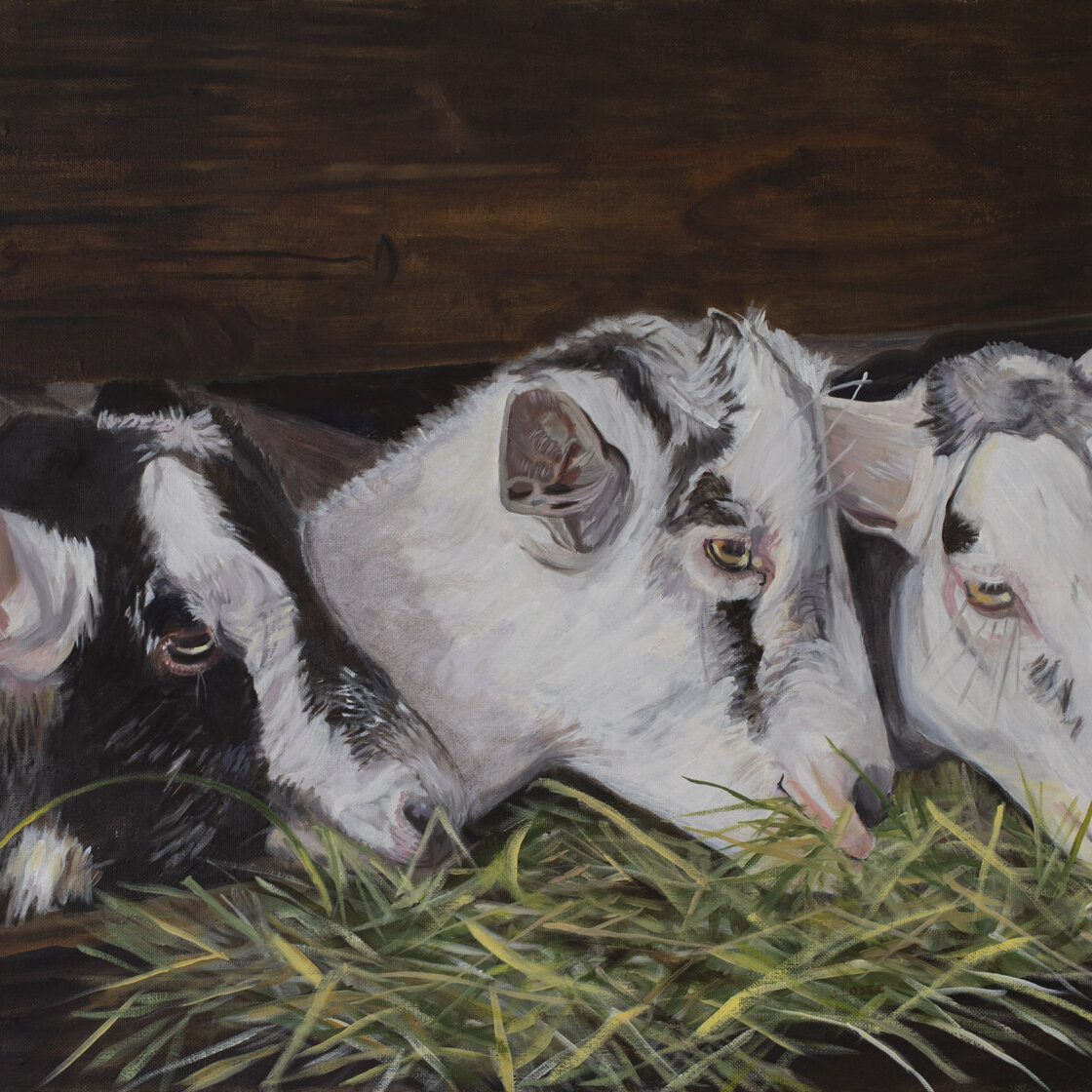 An oil on canvas painting of three goats