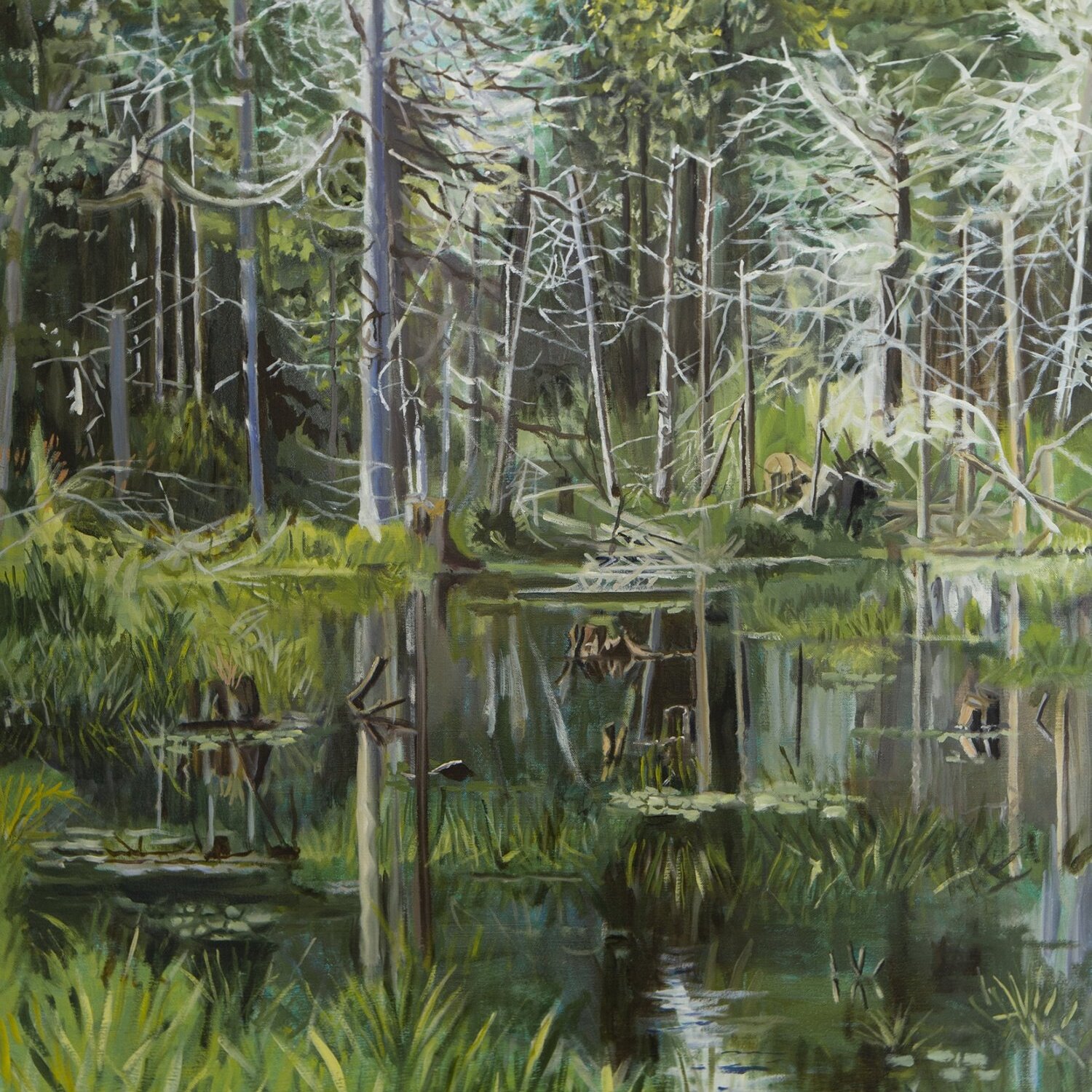 Beautiful oil painting of summer swamp