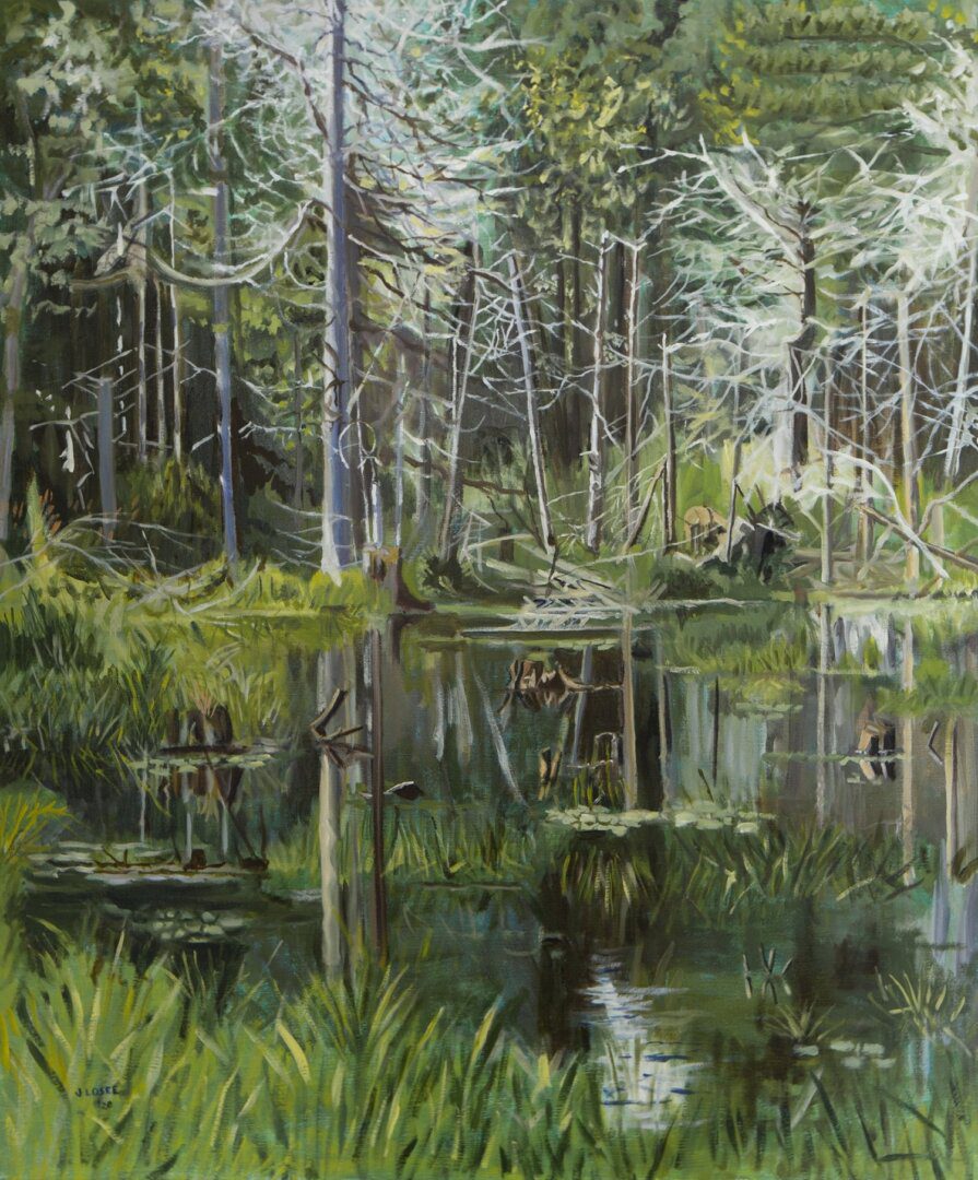 Beautiful oil painting of summer swamp