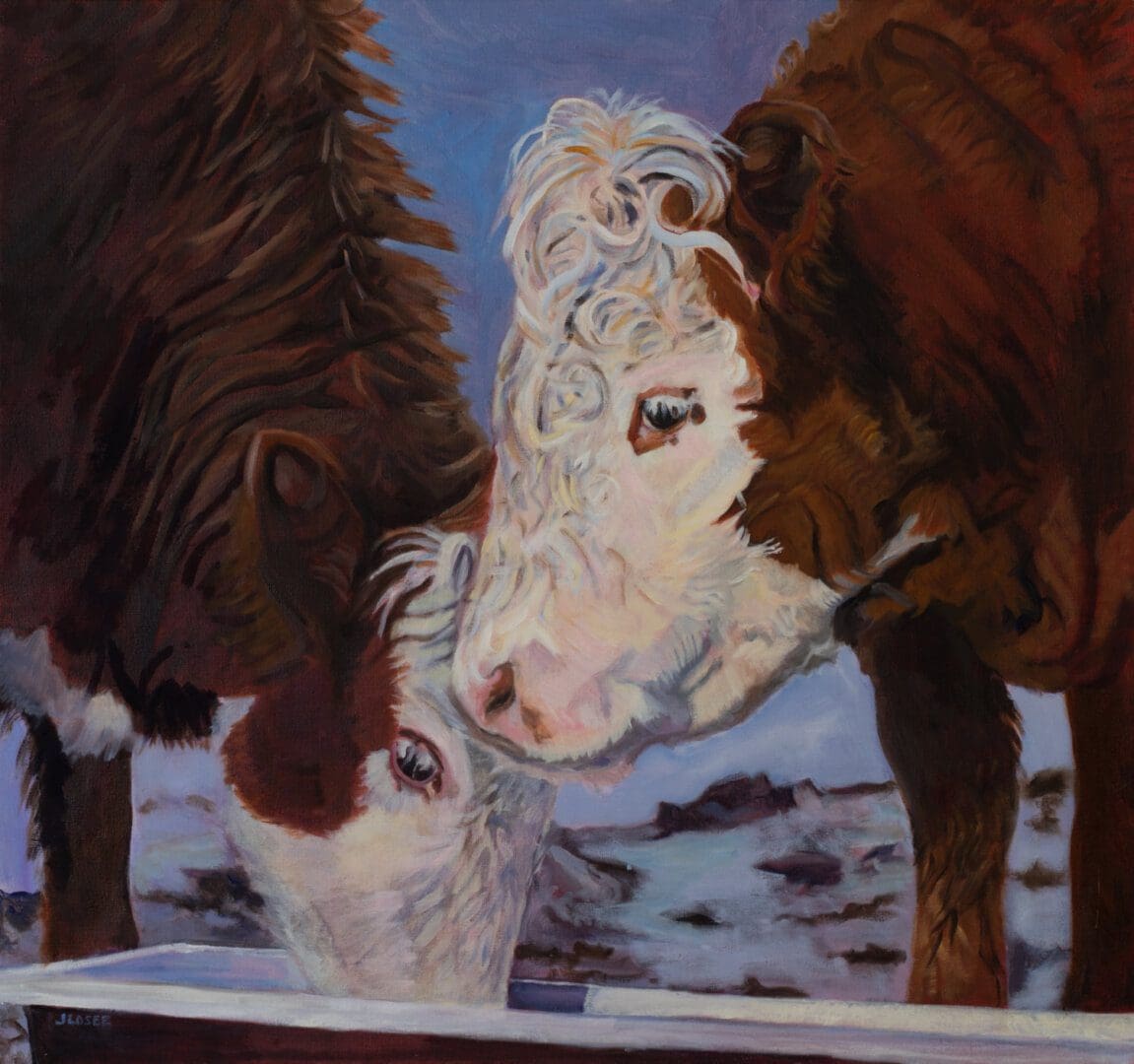 Cows drinking water in snowy landscape painting.