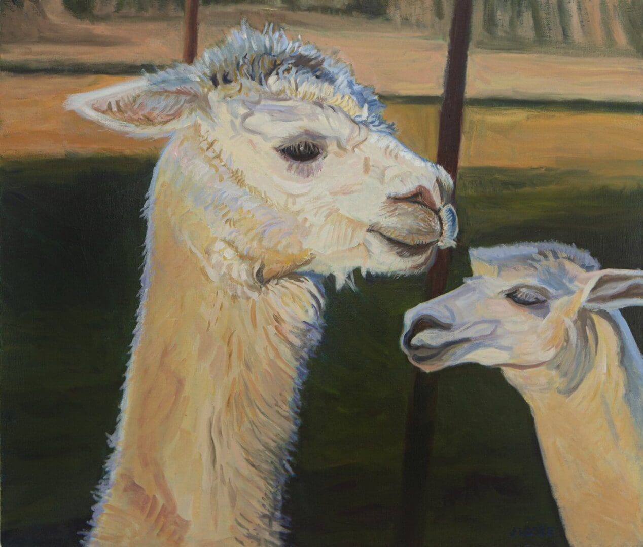 Two llamas in a painted landscape.