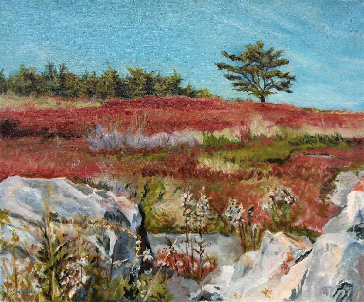 Landscape painting with tree and rocks.