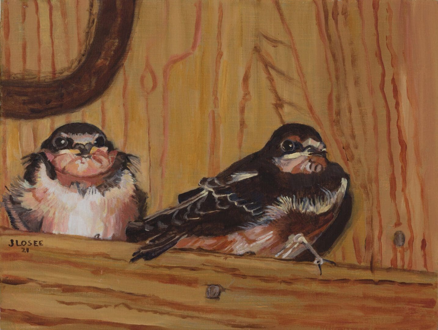 Two birds perched on wooden beam.