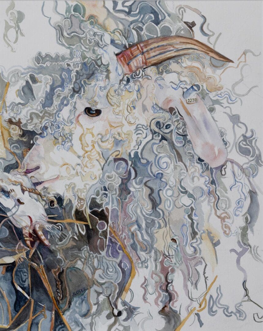 Abstract painting of a curly-haired sheep.