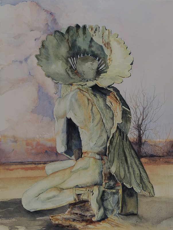 Kneeling figure with large leafy headdress.