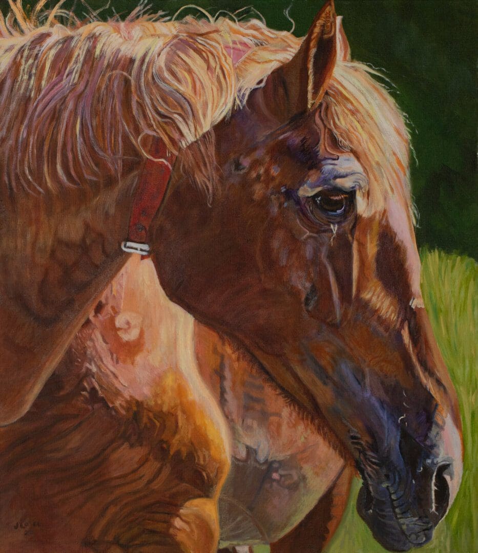 Painting of a brown horse with bridle.