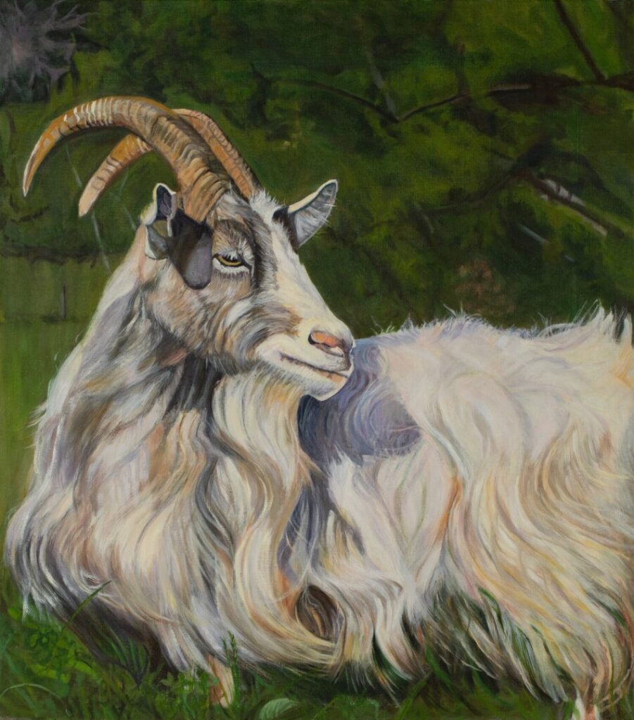 Painting of a goat in a field.