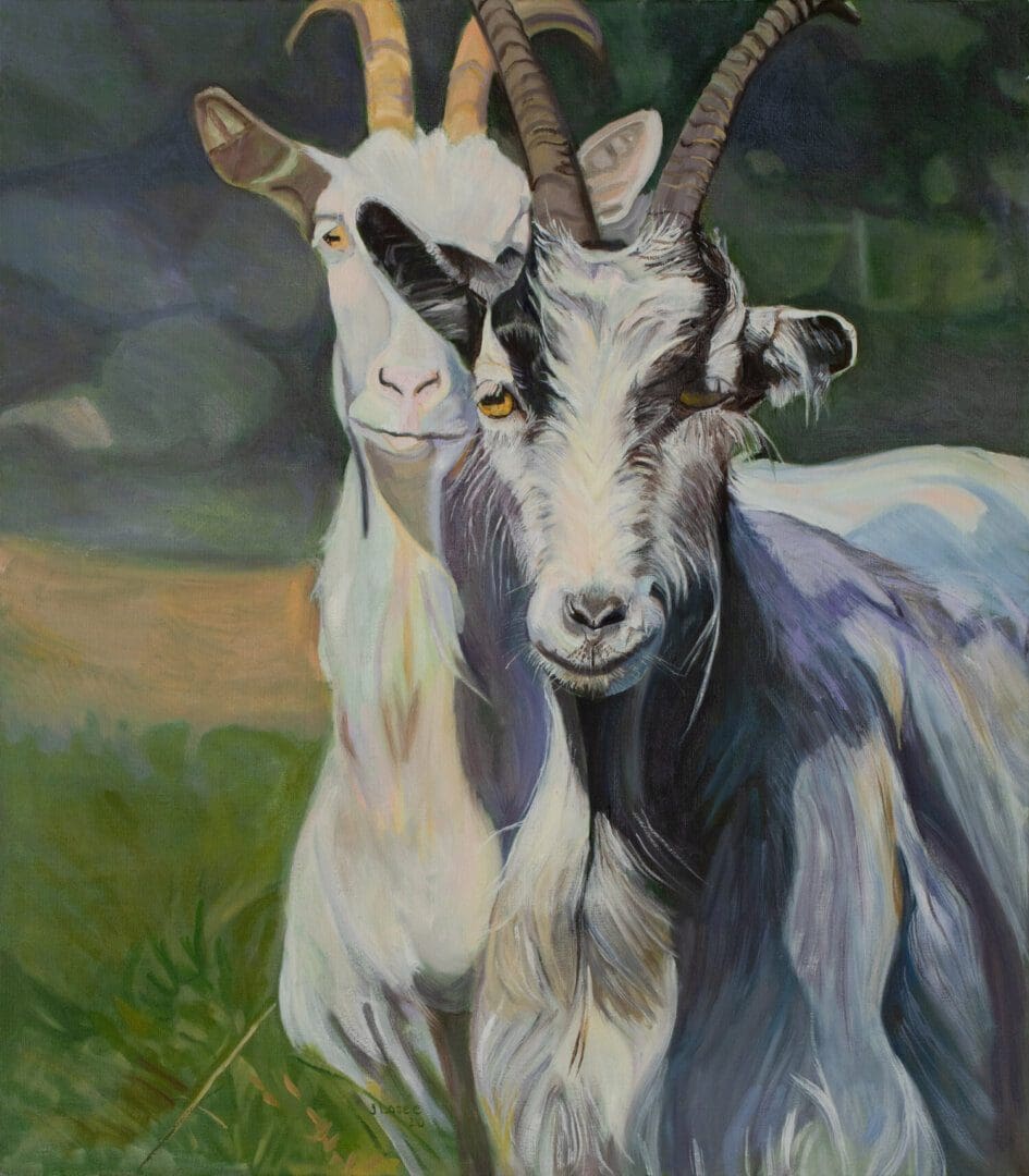 Two goats standing in a field painting.