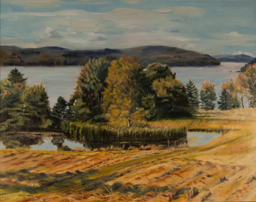Landscape painting of a lake and trees.