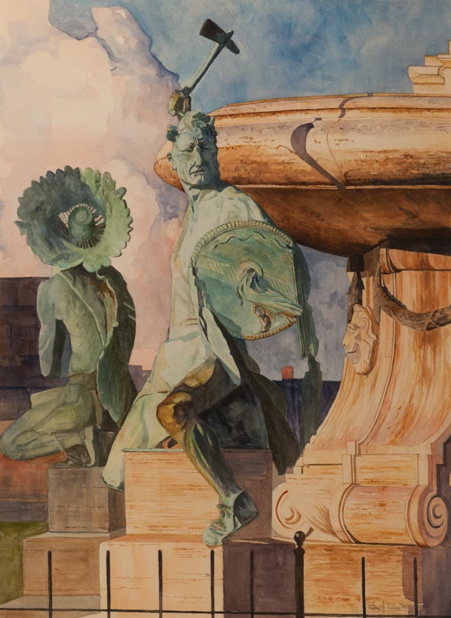 Statue of a warrior and shell figure.