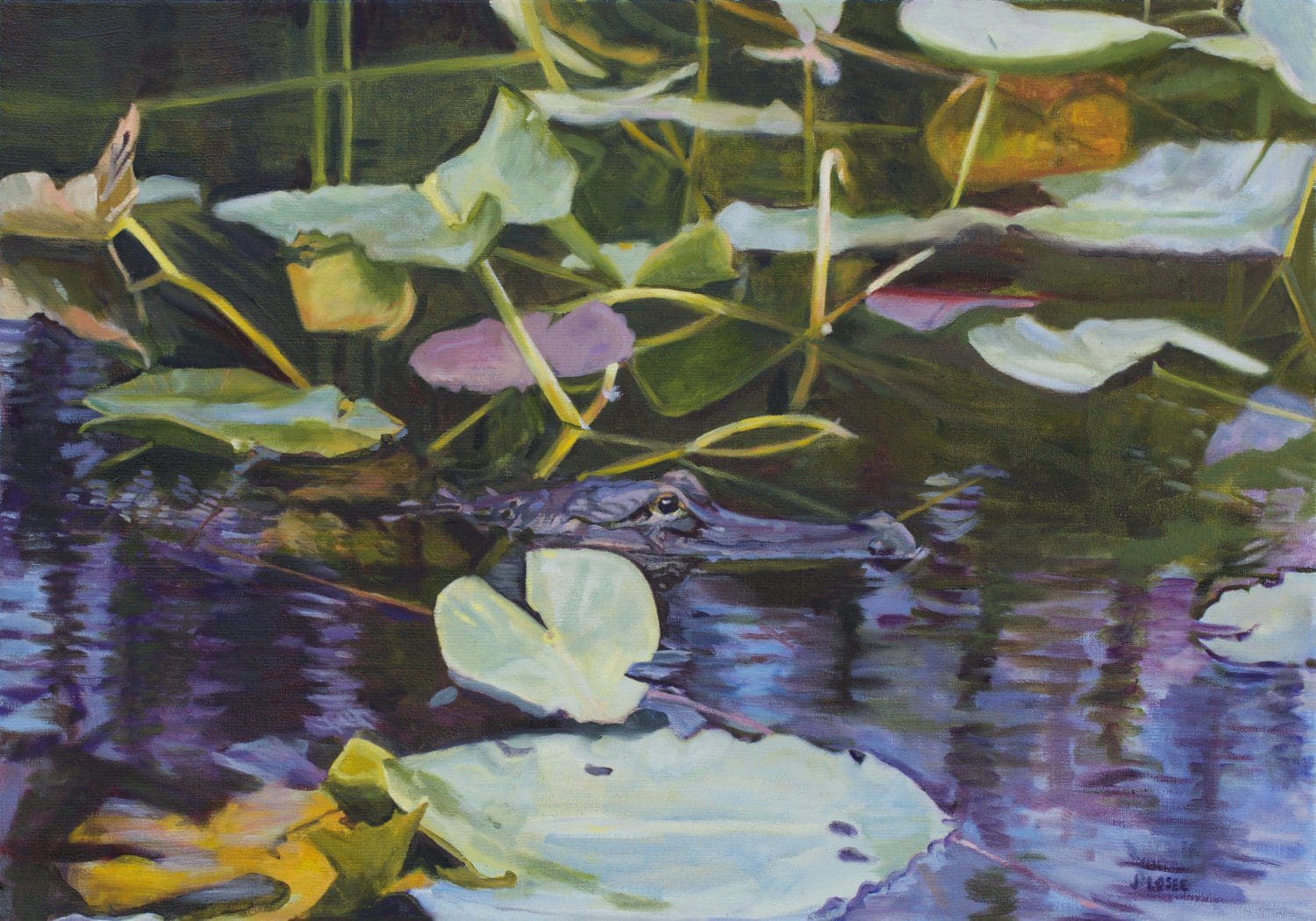 Crocodile submerged among water lilies.