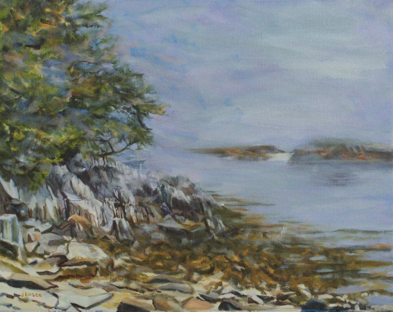 Rocky shoreline with trees and calm water.