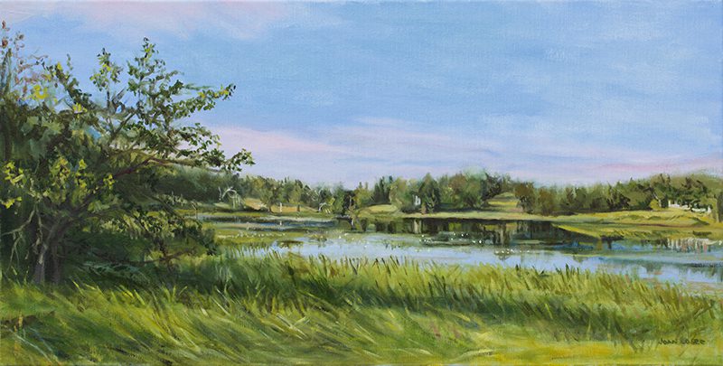 Landscape painting of a serene lakeside view.