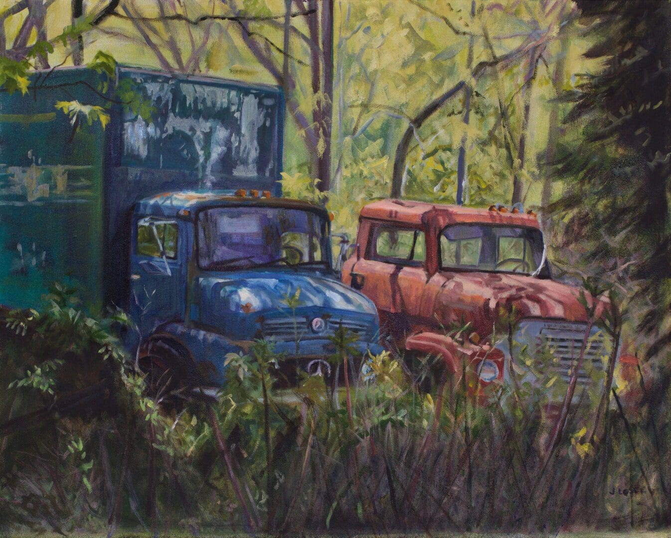 Two old trucks in a forest setting.