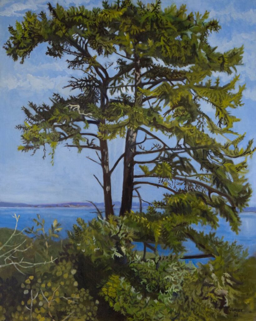 Tree by the sea under clear sky.
