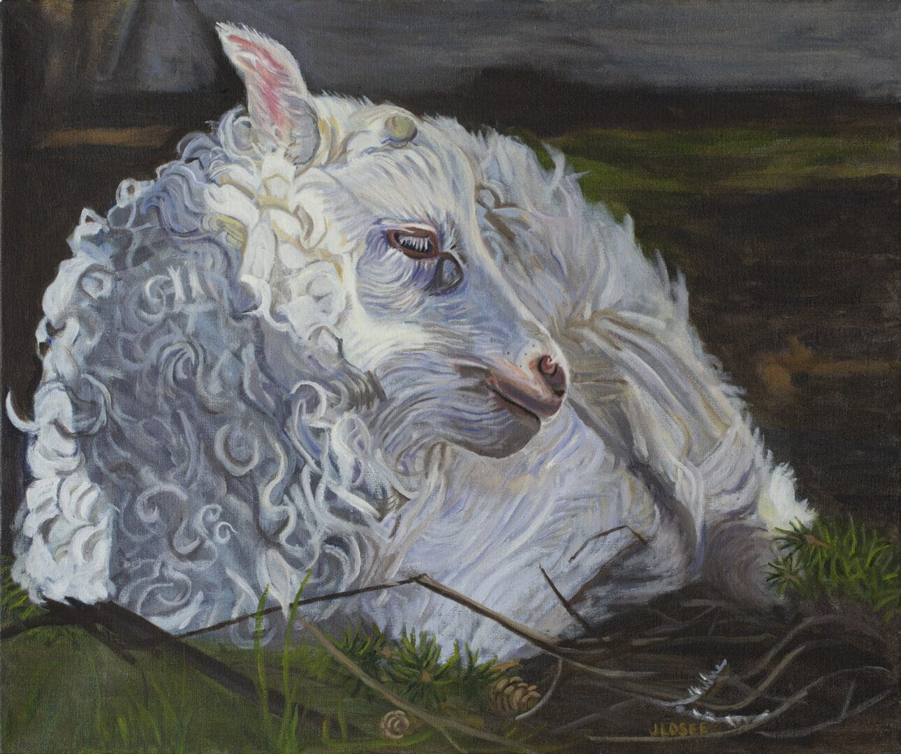 Painting of a resting white Angora goat.