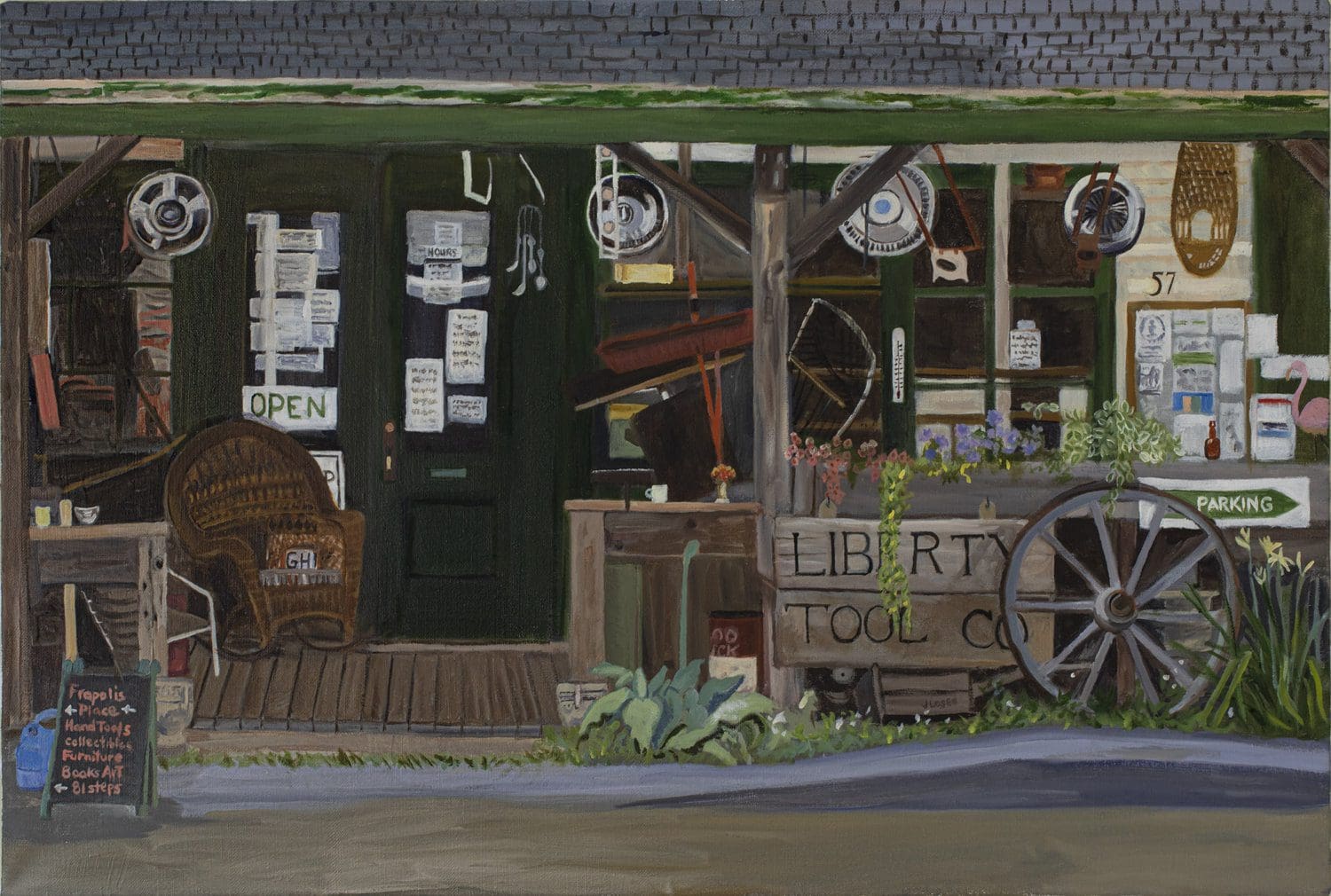 Rustic tool shop exterior with vintage decor.