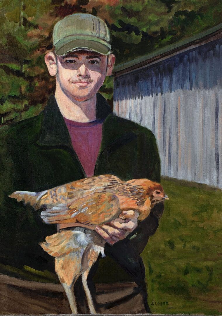 Man holding a chicken outdoors painting.