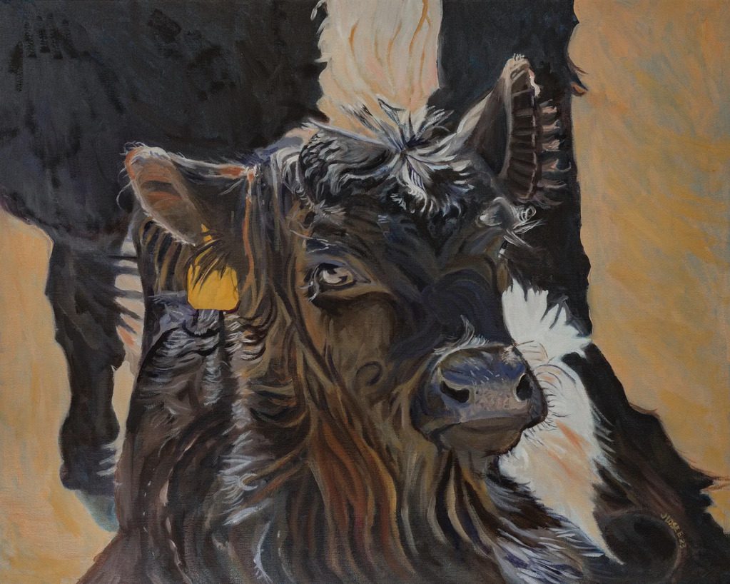 Painting of a cow with yellow ear tag.