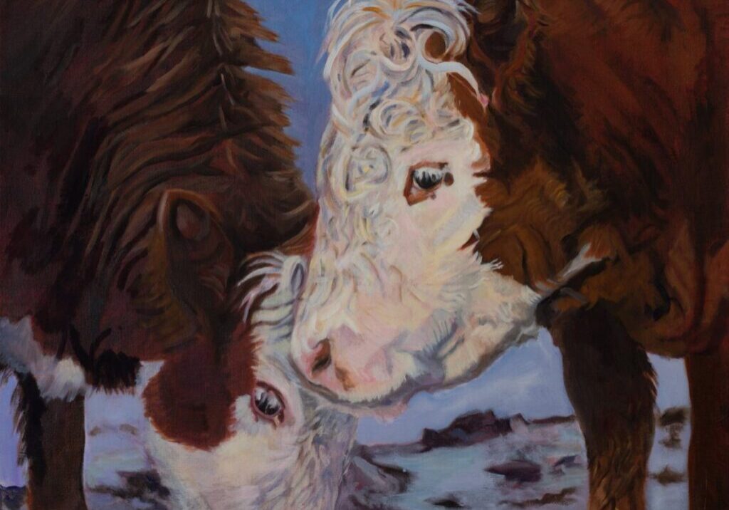 Cows drinking water in snowy landscape painting.