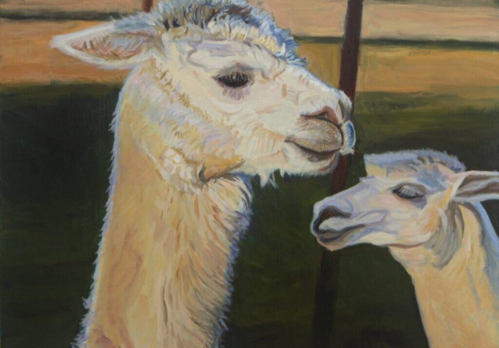 Two llamas in a painted landscape.
