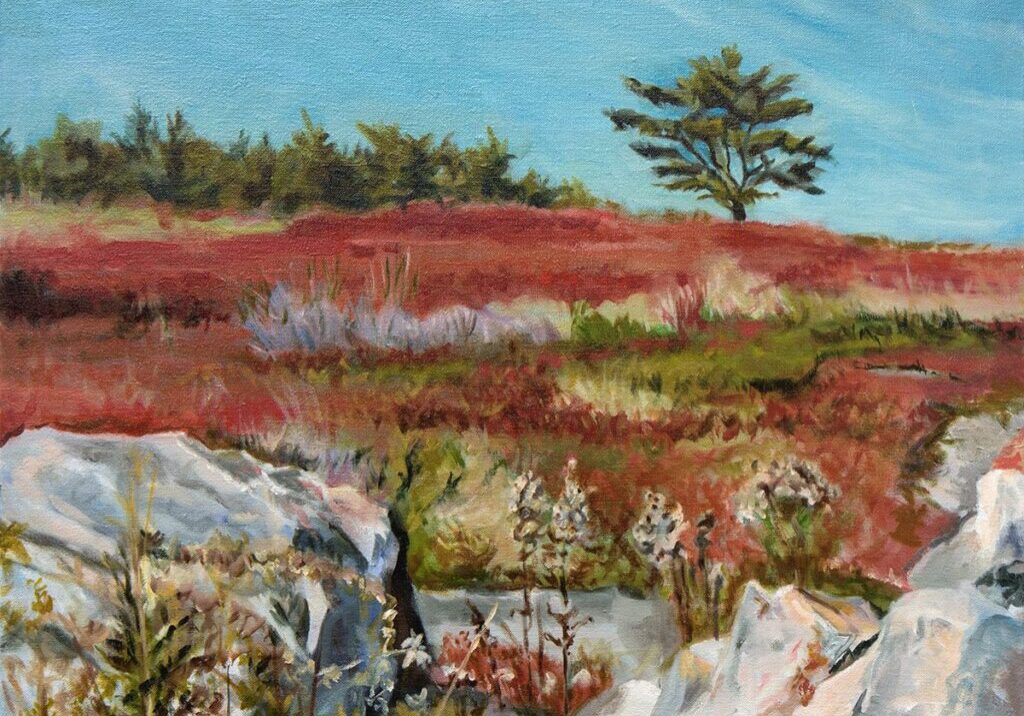 Landscape painting with tree and rocks.