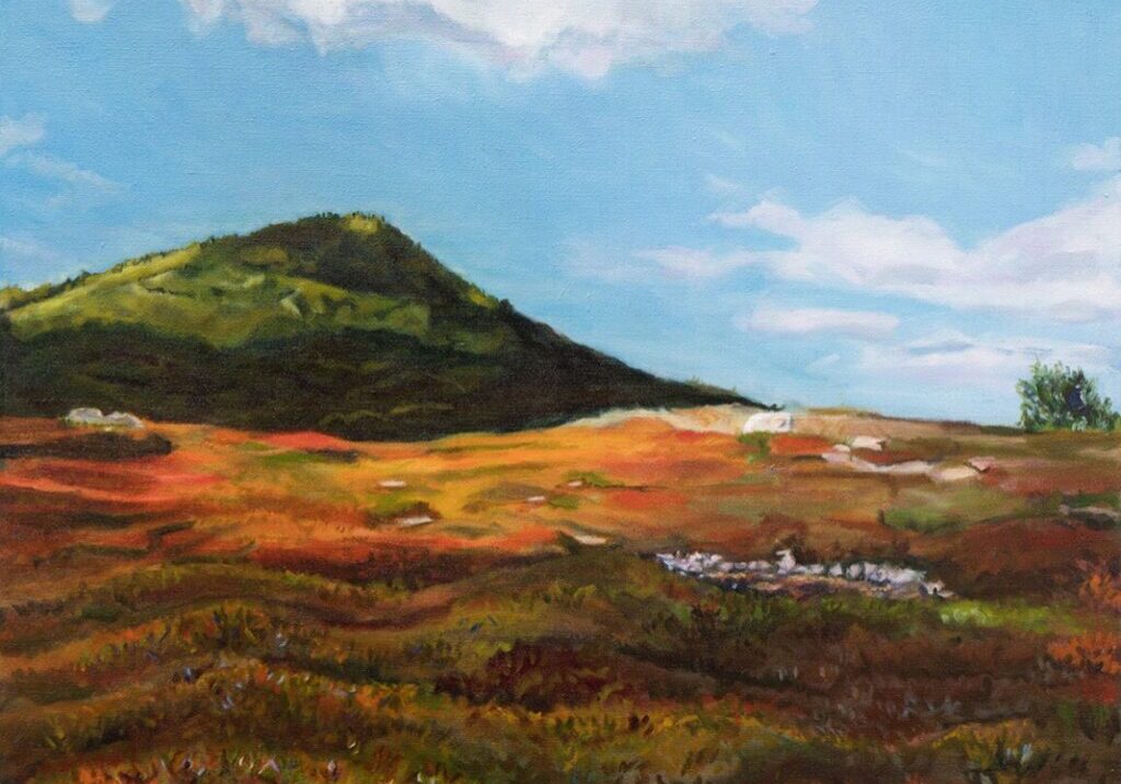 Landscape painting of a hill and sky.