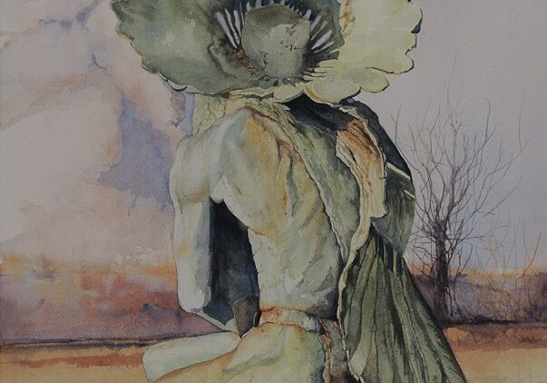 Kneeling figure with large leafy headdress.