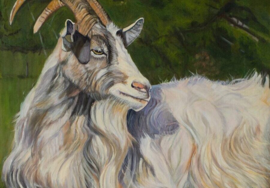 Painting of a goat in a field.