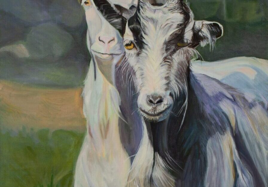 Two goats standing in a field painting.