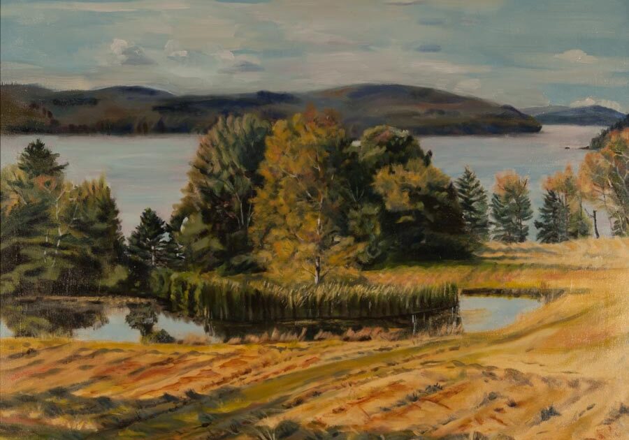Landscape painting of a lake and trees.