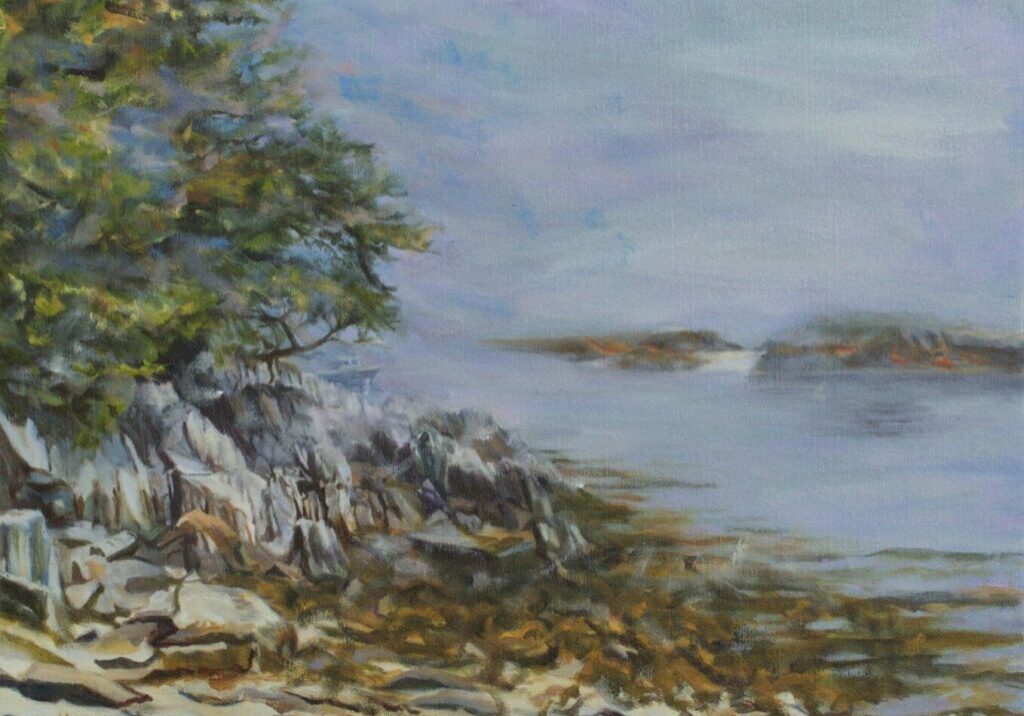 Rocky shoreline with trees and calm water.