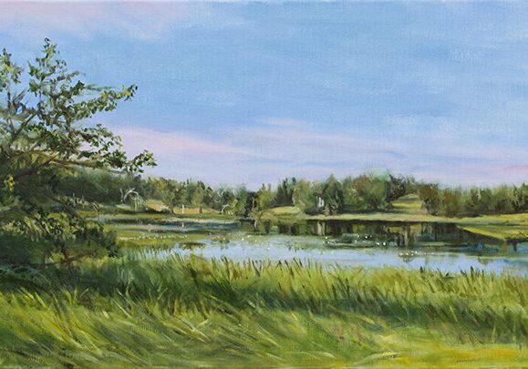 Landscape painting of a serene lakeside view.