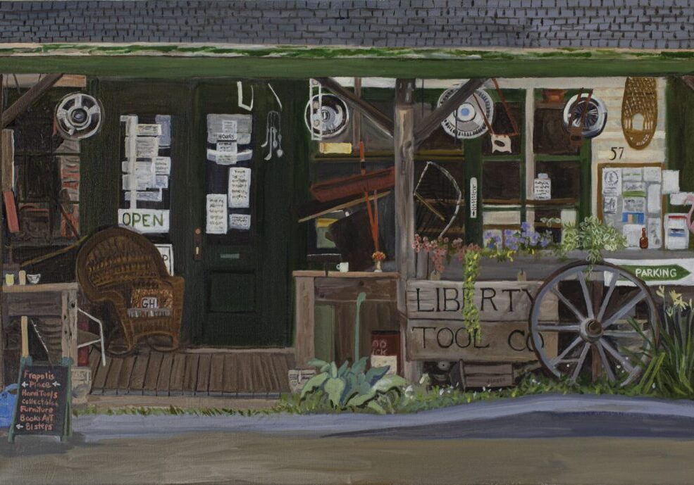 Rustic tool shop exterior with vintage decor.