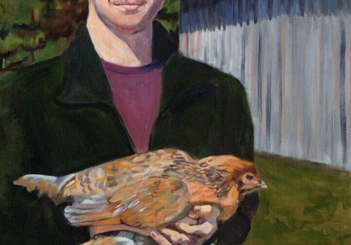Man holding a chicken outdoors painting.
