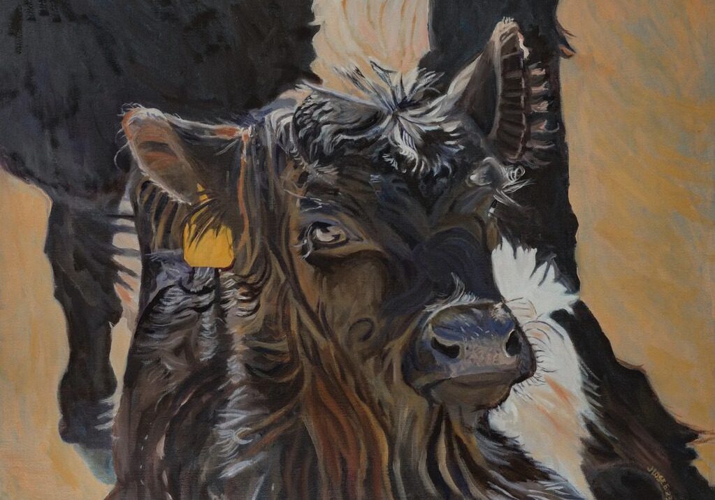 Painting of a cow with yellow ear tag.